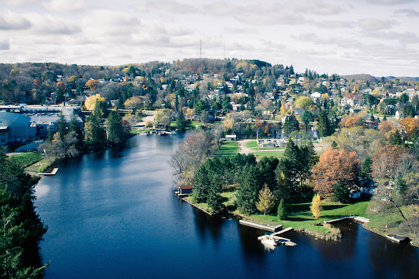 Aerial view of Huntsville Ontario and Hunter's Bay