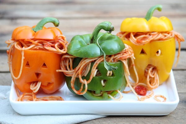 Halloween treats for kids: spaghetti stuffed pepeprs