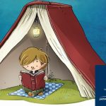 cartoon child reading in tent