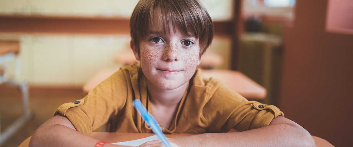Portrait of smiling schoolboy with freckles in the classroom