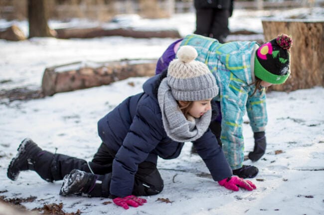 kids crawling in snow in High Park