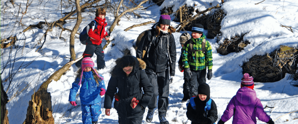 group of kids outdoors in snow at Evergreen Brick Works winter program